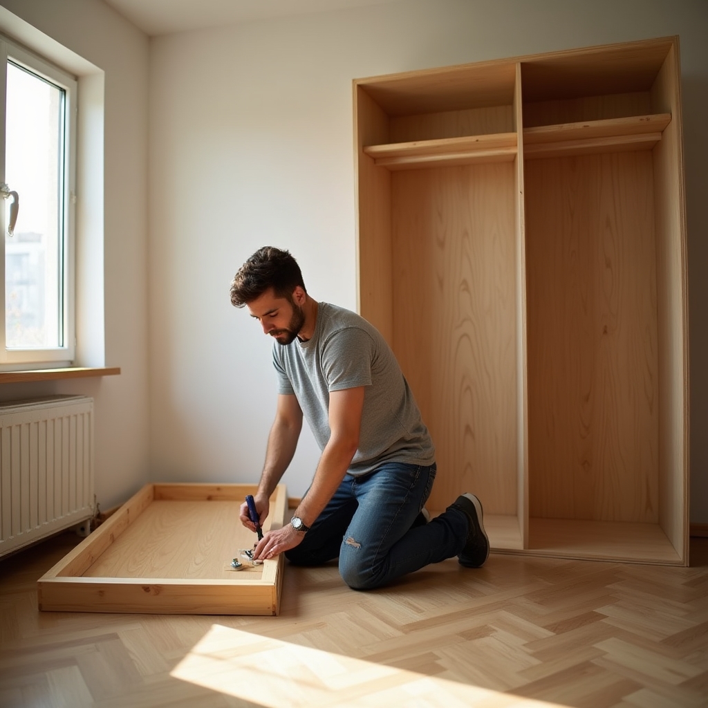 A technician assembling a wardrobe with hand tools inside a newly delivered home
