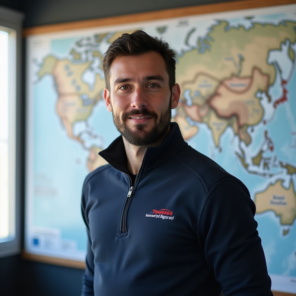 Portrait of a transport and fleet planner standing near a route map