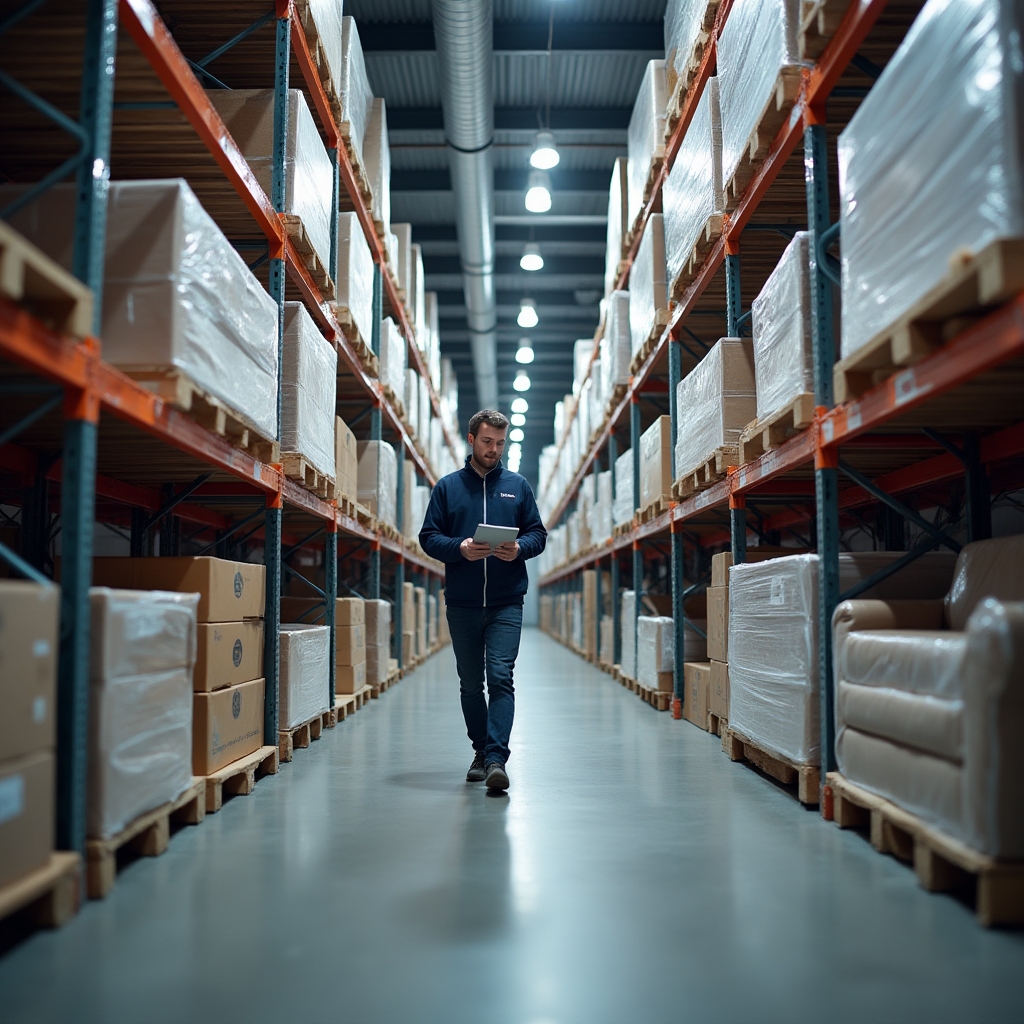 Rows of shelving inside a climate-controlled storage warehouse near Bucharest holding household goods